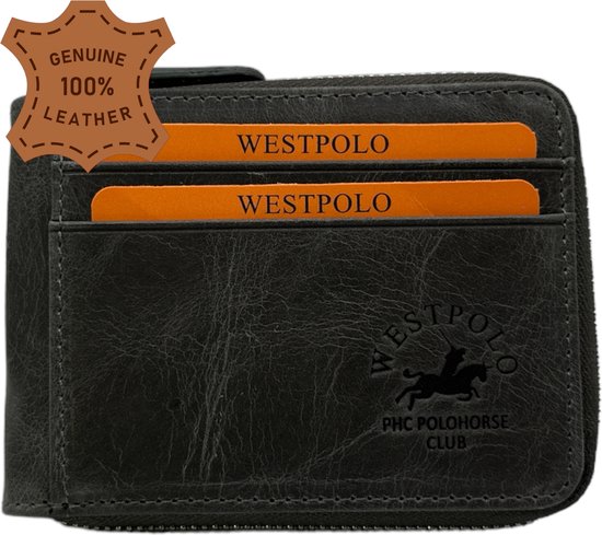 Westpolo leren pasjeshouder unisex - geschikt voor 8 pasjes & briefgeld - portemonnee - creditcardhouder - kaarthouder donkergrijs - met luxe cadeaubox - 534C