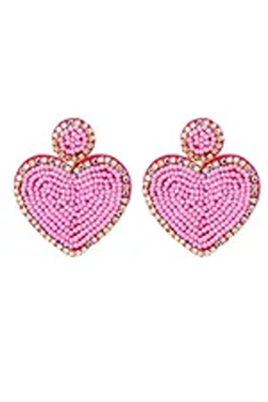 Beaded heart roze strass oorbellen- beaded - kralen - statement - oorbellen - earrings - koraal - hart - waterproof - stainless steel - nikkel vrij - gold plated