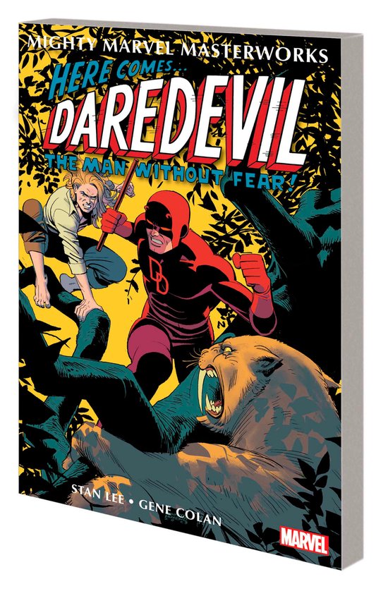 Mighty Marvel Masterworks: Daredevil. Daredevil in rood vecht tegen een sabeltandtijger. Stan Lee, Gene Colan.