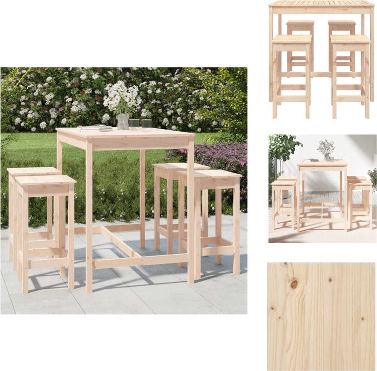 VidaXL Barset Grenenhout Bartafel 121x82.5x110cm Barkruk 40x40x78cm Stevig Praktisch Tuinset