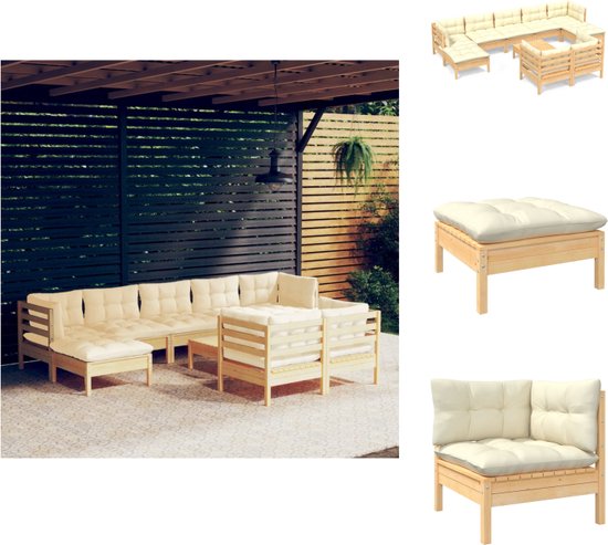 vidaXL Loungeset Tuin - Grenenhout - Crème - 4 hoekbank 3 middenbank 3 voetenbank - Tuinset