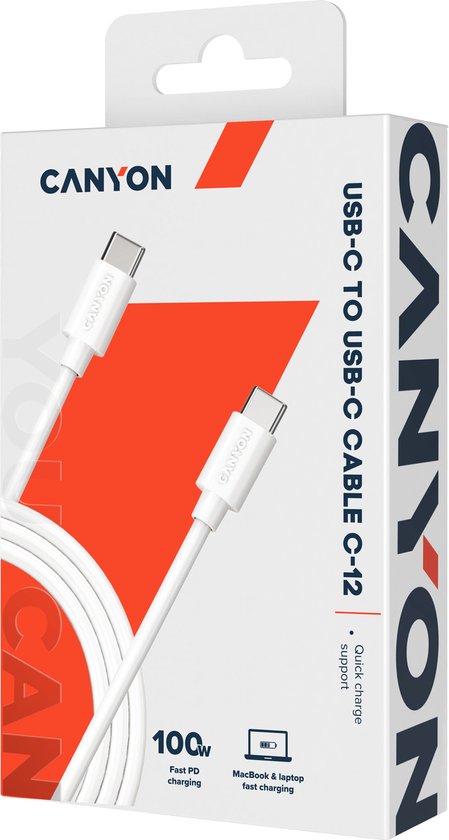 Canyon UC-12 Serie - USB-C naar USB-C 100W Oplaad- en Gegevensoverdrachtkabel - 2 meter - Wit