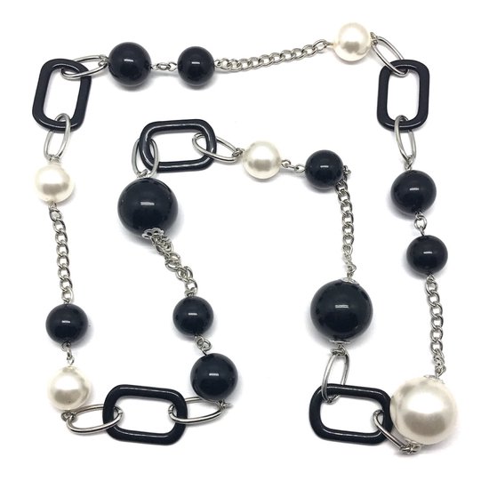 Collier Behave - chaîne longue - noir - perles - blanc - maillons - 90 cm