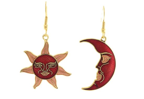 Behave Oorbellen oorhangers zon en maan goud kleur in rood emaille 4 cm