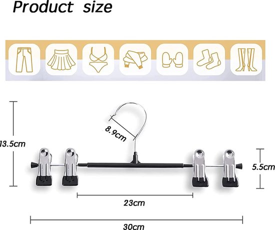 Mutsitaz 10 stuks broekhangers metaal, kleerhanger klemhanger voor broeken, sokken, rokken, 30 cm, rokhanger met 2 anti-slip clips