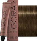 Schwarzkopf Professional IGORA COLOR10 permanente haarkleurcrème in een bruine tint en een voorbeeld van het resultaat op haar.