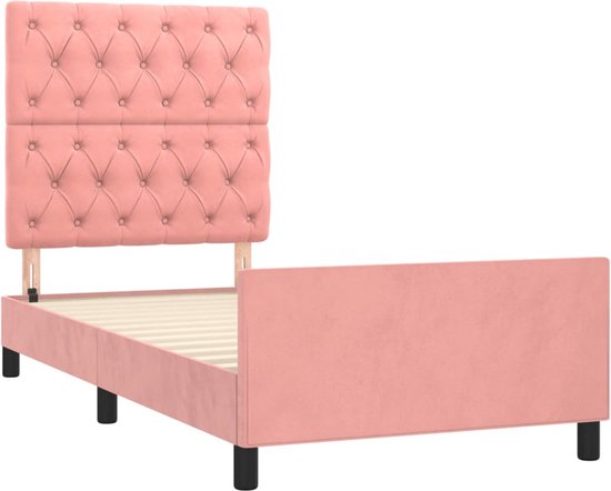 The Living Store Cadre de lit – Velours rose – Hauteur réglable – Pieds de soutien – Sommier à lattes en contreplaqué – Support confortable