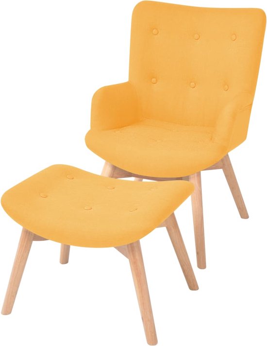 The Living Store Fauteuil stoel - Geel - 57x68x88cm - Houten frame - Hoogwaardige schuimvoering - Inclusief voetenbankje