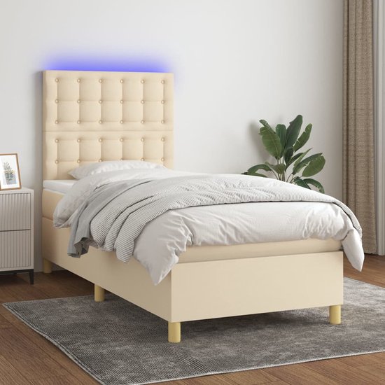 The Living Store Boxspring met matras en LED stof crèmekleurig 90x190 cm - Bed