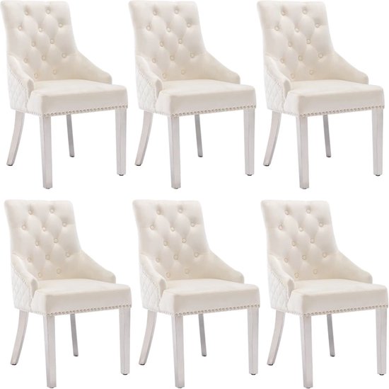 The Living Store Eetstoelen - Houten frame - Fluweelbekleding - Crème - 52x62x94 cm - Inclusief 6 stoelen