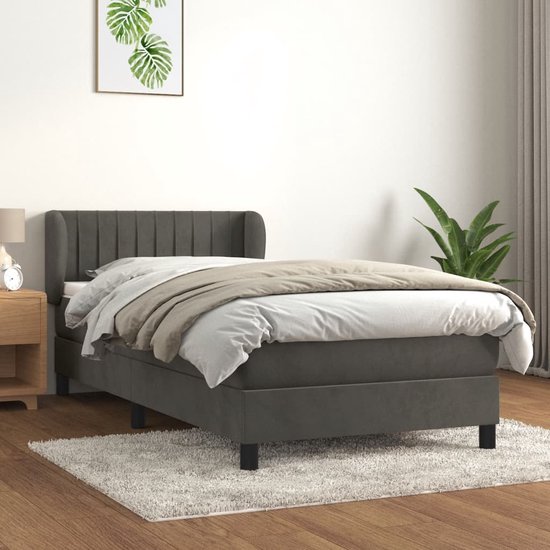 The Living Store Boxspringbed - fluweel - 193 x 93 x 78/88 cm - donkergrijs - 90 x 190 x 20 cm - wit/donkergrijs - 90 x 190 x 5 cm - wit