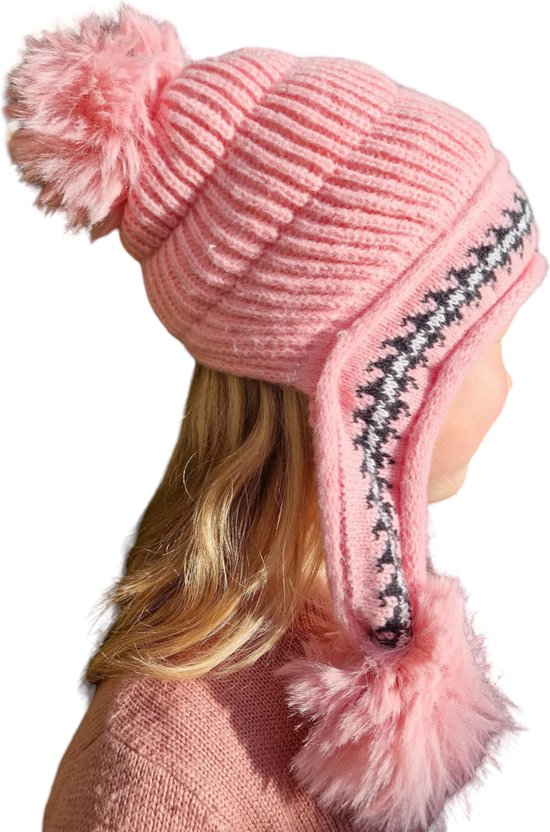 Winter muts - fleece - Oorwarmers - Meisje - 3 / 12 jaar - roze -Kerst