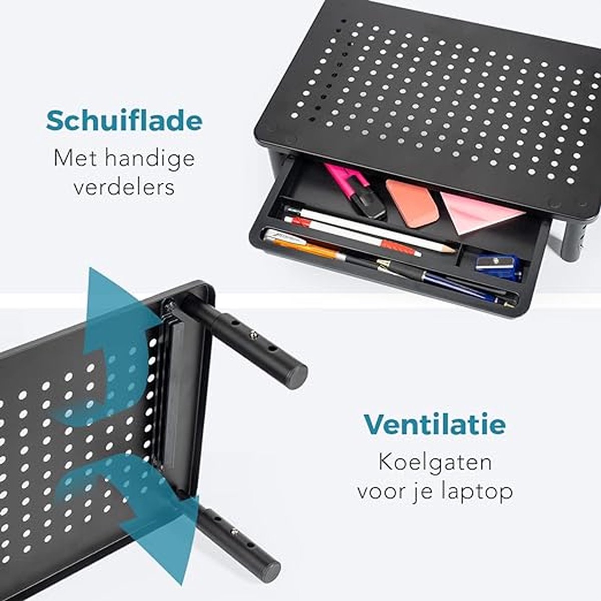 LifeGoods Monitor Verhoger  Compact  - Laptop Standaard Met Telefoonhouder - 42,00 X 23,50 Cm X 1420 Hout Zwart