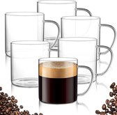 Set de 6 tasses à café en verre, 400 ml, grands verres à large ouverture avec prise confortable, tasses à café sans plomb pour latte, cappuccino, expresso, boissons chaudes et thé, jus, maison et café.