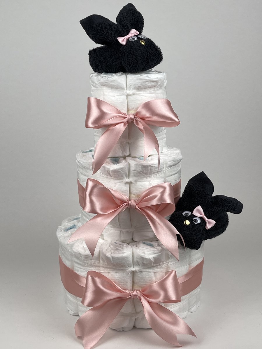 Goedkoopste Chouette-Chouette | Luiertaart Meisje | Kraamcadeau | Geboorte Meisje | Babyshower | Konijnen Zwart - donker Poeder Roze