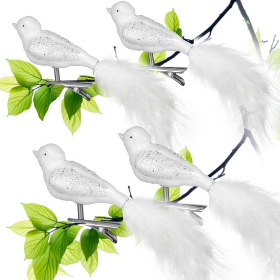 Kerst Vogel Glas, Kerstboom Decoratie Vogel op Clip, 4pcs Wit Decoratieve Vogel, UNOLIGA Kunstvogels met Veren, Kerstboomversiering Glitter Vogel Ornament