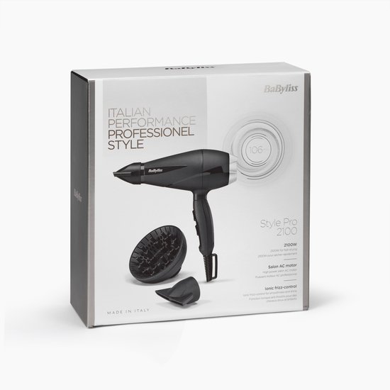 BaByliss Style Pro 2100 föhn verpakking, zwart, met afbeeldingen van de föhn, diffuser en mondstuk.