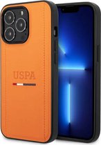 Étui en cuir PU USPA avec coutures et initiales tricolores Protection complète Compatibilité iPhone 14 - Orange