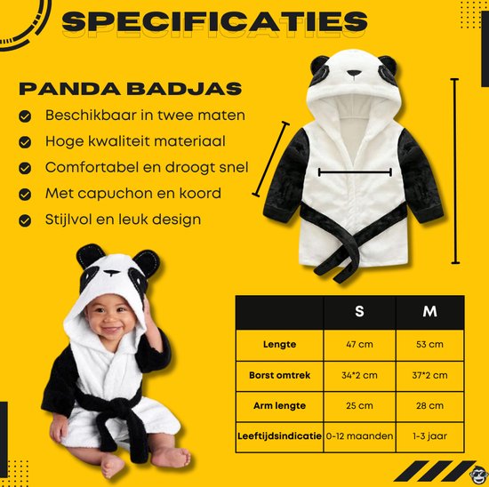 Baby Badjas Panda - 0-12 maanden (0-1 jaar) - ochtendjas - katoen - snel drogend - met capuchon - kraamcadeau - dierenbadjas - sinterklaas - unicorn - dier - meisjes en jongens - wit zwart — afbeelding 2