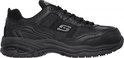 Zwarte Skechers werkschoen, zijaanzicht met veters en het S-logo op de zijkant. 'Work' is zichtbaar op de tong.