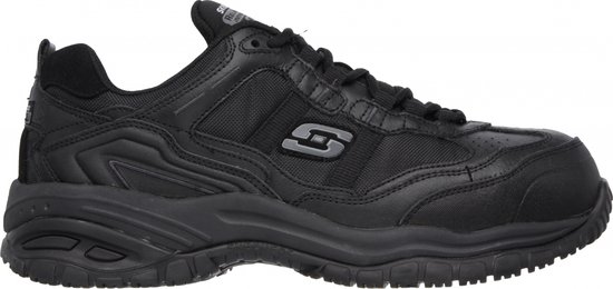 Zwarte Skechers werkschoen, zijaanzicht met veters en het S-logo op de zijkant. 'Work' is zichtbaar op de tong.
