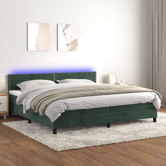 The Living Store Boxspring Donkergroen Fluweel LED 203x200x78/88 cm - Pocketvering