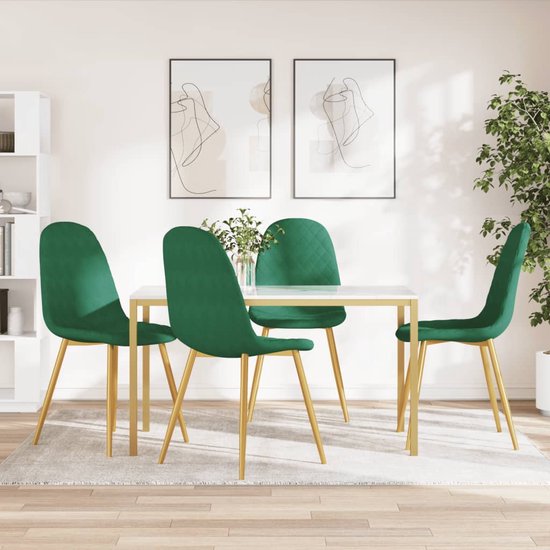 The Living Store Chaises de salle à manger - Velours vert foncé - Assise et dossier remplis de mousse - Pieds chromés dorés - 45 x 53,5 x 87 cm
