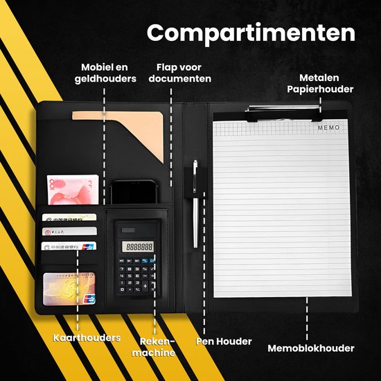 PROKING Dossier de conférence noir - A4 - Dossier de conférence de bureau - Dossier de stockage de dossier d'écriture de Luxe - Dossier de travail de dossier de documents - comprenant un bloc-notes, une calculatrice, un porte-carte et un porte-stylo