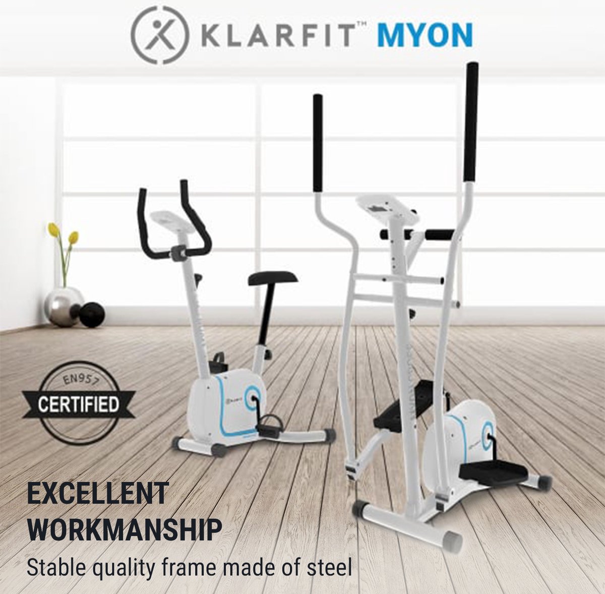 Afbeelding 2 van Klarfit Myon Cross crosstrainer - 12kg Vliegwielmassa - Magnetisch remsysteem - Weerstand op 8 niveaus - SmartCardio Studio met Kinomap app - SilentBelt System - Hartslagmeter - Wit