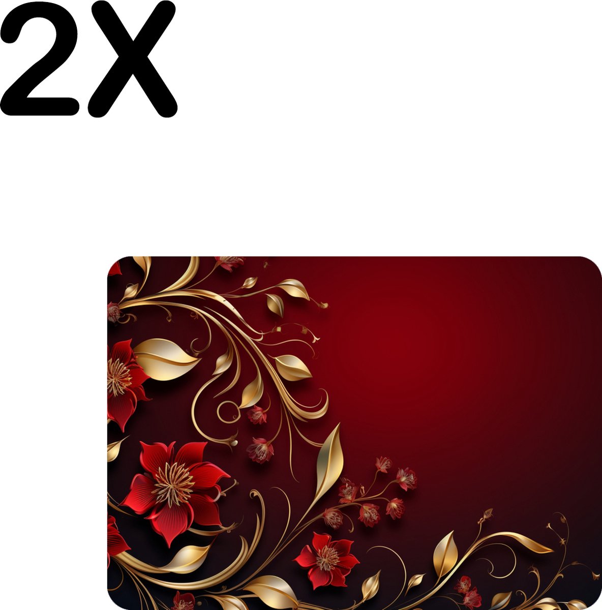 BWK Stevige Placemat - Rood - Goud - Bloem - Blad - Achtergrond - Set van 2 Placemats - 35x25 cm - 1 mm dik Polystyreen - Afneembaar