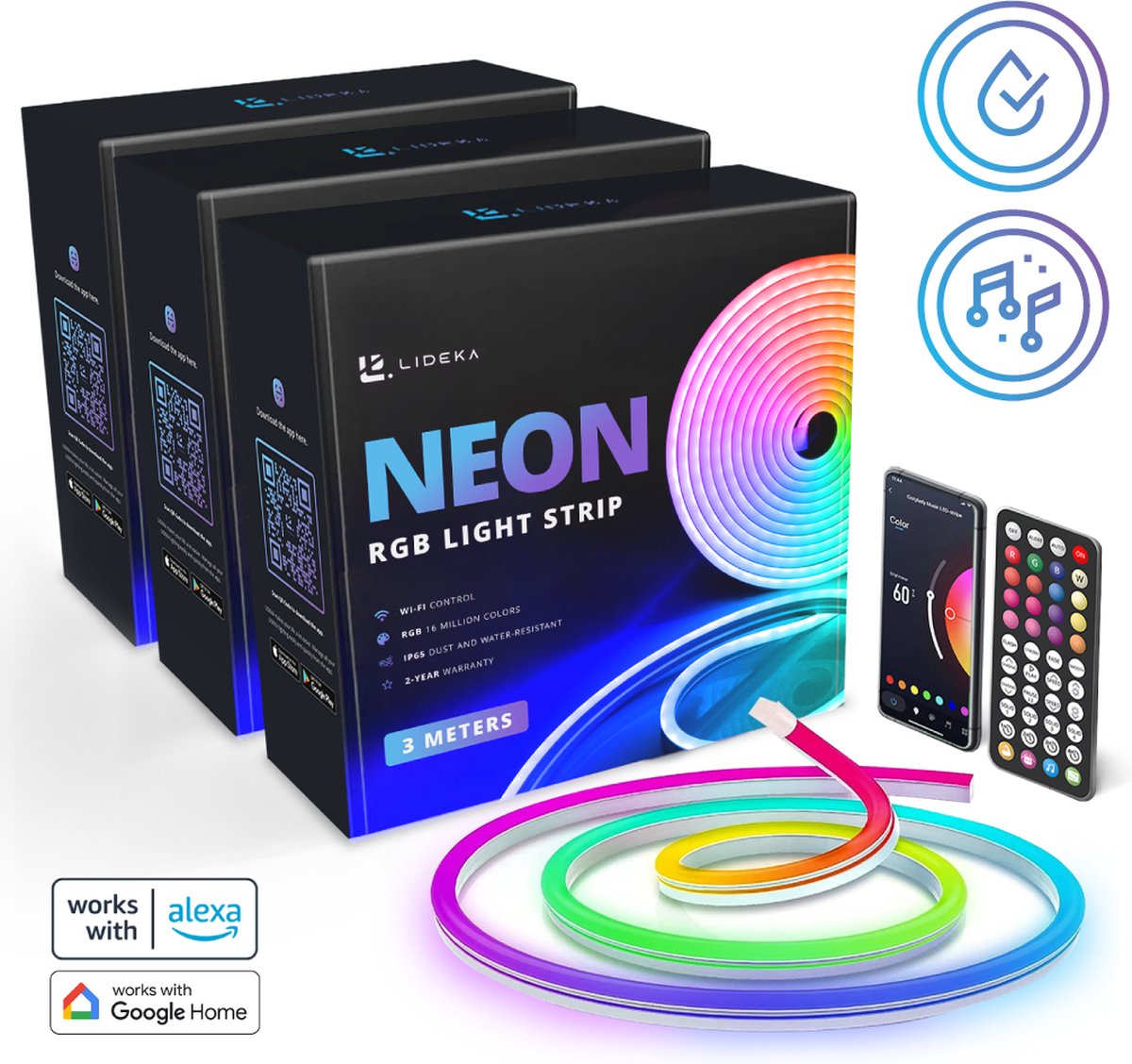 Lideka® - RGB Neon LED Strip 9 Meter (3 sets van 3m) - IP68 Voor Buiten - Met App En Afstandsbediening - Smart LED-strip - Volledig Dimbaar - Compatible met Google Home, Amazon Alexa En Siri