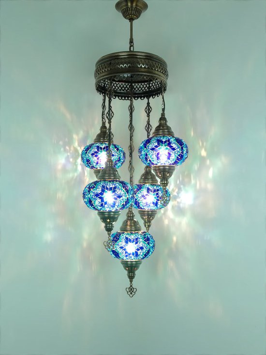 5 ampoules globe lampe suspendue turque lustre oriental verre mosaïque bleu