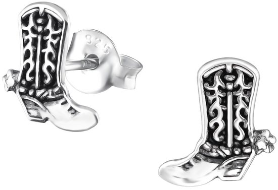 Joy|S - Zilveren cowboy laarzen oorbellen - 8 x 9 - geoxideerd - boots oorknoppen