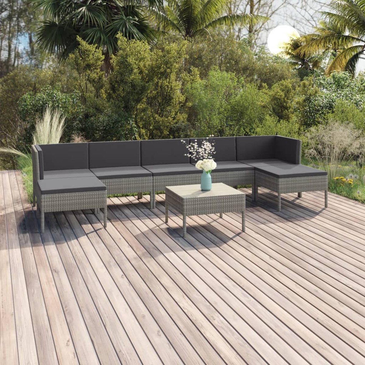 The Living Store 8-delige Loungeset met kussens poly rattan grijs - Loungestoel - Tuinset - Loungegroep - Buitendining - Pe Rattan