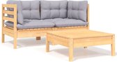 The Living Store Loungeset - massief grenenhout - grijs - 2 hoekbank - 1 voetenbank/tafel - afmetingen 63.5x63.5x62.5cm - inclusief kussens