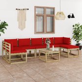 The Living Store Pallet Loungeset - Grenenhout - 64x64x70 cm - Rood kussen
