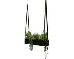 Hangende stalen plantenbak - aan leren banden | Leren banden: KAKI / Staal: Zwart (plantenbak - plantenbak binnen - plantenpot - planten aan wand - muur plantenbak)