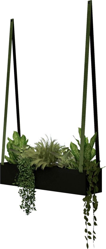 Hangende stalen plantenbak - aan leren banden | Leren banden: KAKI / Staal: Zwart (plantenbak - plantenbak binnen - plantenpot - planten aan wand - muur plantenbak)