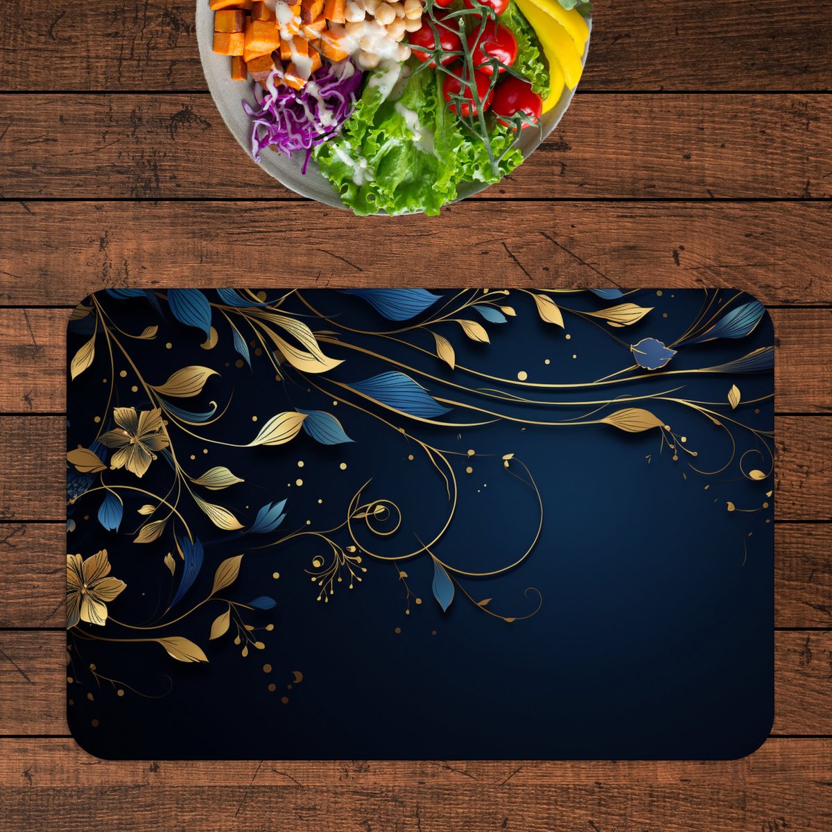 Luxe Placemat - Donker Blauwe Achtergrond met Gouden Bloemen - Set van 6 Placemats - 45x30 cm - 2 mm dik Vinyl - Anti Slip - Afneembaar — cadeau in Wonen & Interieur - foto 3