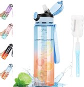 Waterfles, 1 liter doorzichtige waterfles met rietje, BPA-vrije sportfles, vaatwasmachinebestendig, lekvrij, motiverende waterfles met tijdsaanduidingen voor school, sport (blauw oranje)