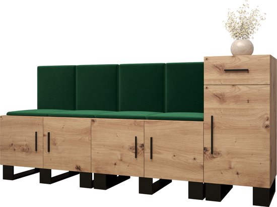 Garderobekast Ganggarderobe Compacte garderobe Vestibule Wandkast Plank Hal & Gang Kast Schoenenkast Gestoffeerde panelen en met een kussen - (BxHxD): 210x95x45,6 cm - ERNETST 17 - Artisan (Groen (Manilla 35))