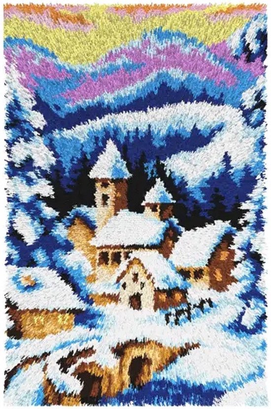KNOOPKLEED - orchidea - KERSTDORP - met voorbedrukt canvas - 50 x 74,5 cm - compleet knooppakket met haak