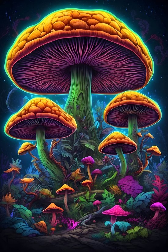 Neon Paddenstoelen Poster | Neon Poster | Paddo Poster | Trip Poster | 61x91cm | Wanddecoratie | Muurposter | MT | Geschikt om in te lijsten