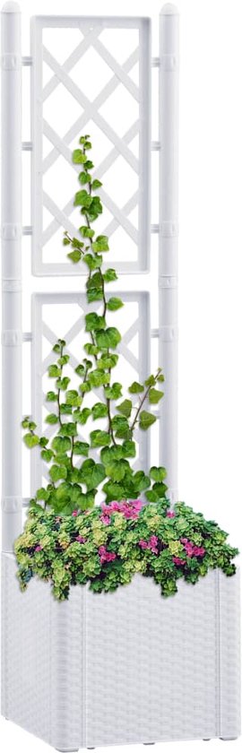 The Living Store Zelfwatergevende Plantenbak - 43 x 43 x 142 cm - 35L - wit - kunststof - met latwerk en niveau-indicator