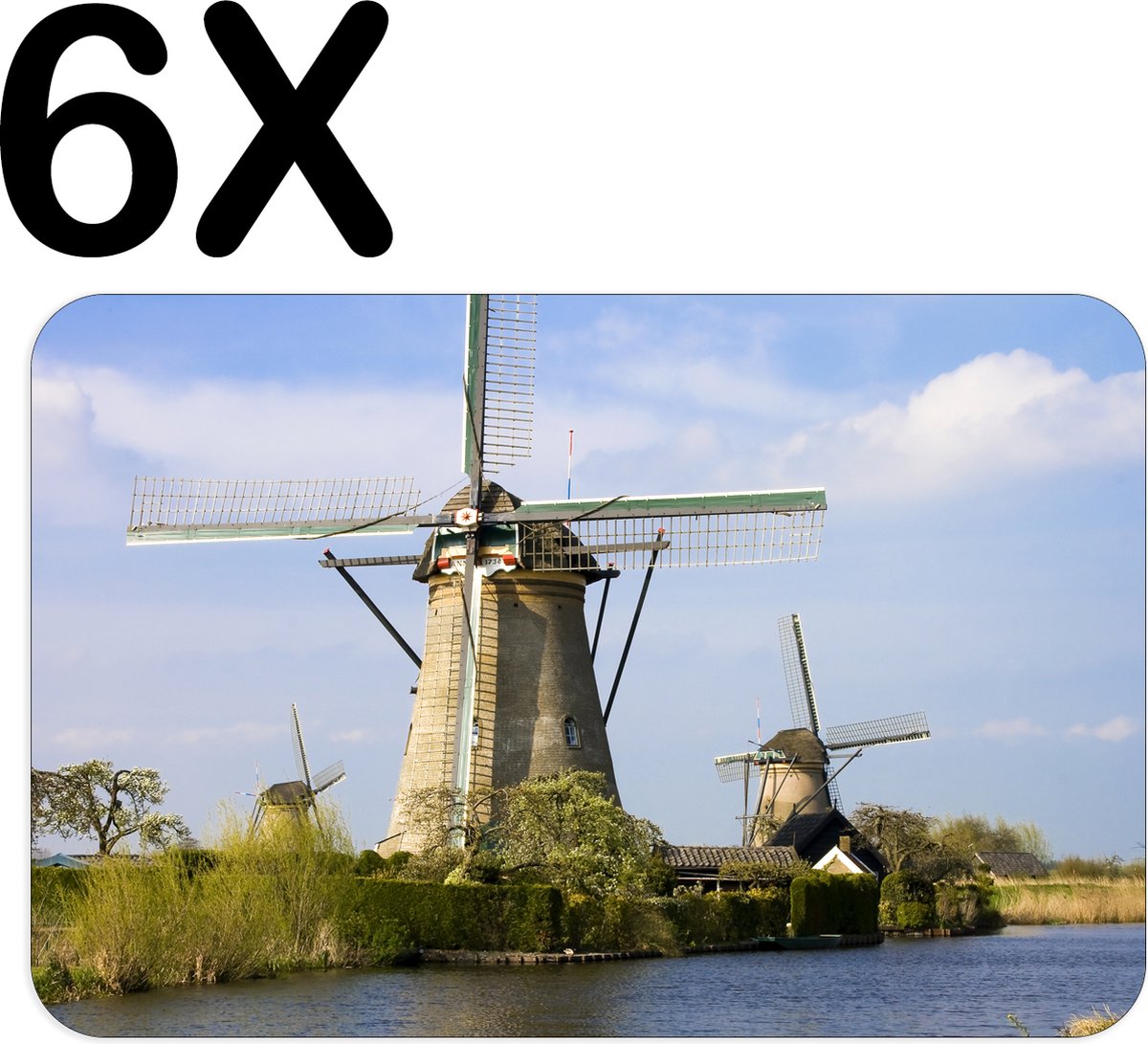 BWK Luxe Placemat - Nederlandse Molens aan het Water - Set van 6 Placemats - 45x30 cm - 2 mm dik Vinyl - Anti Slip - Afneembaar