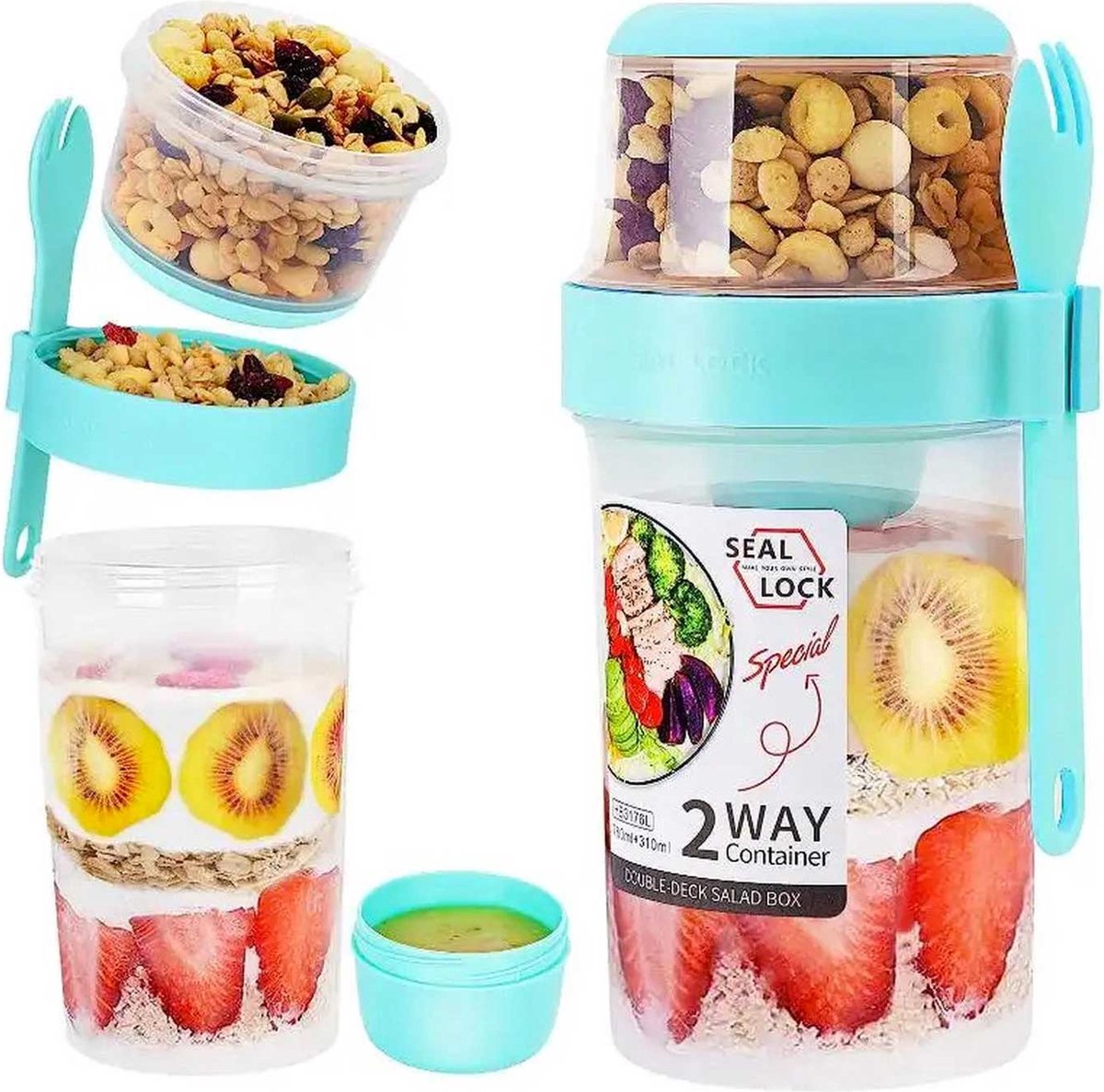 Snaplunch | Yoghurt beker met muesli houder to go Blauw - Salade Shaker - Fruit Container - met Spork en Dressingcup - 310ml+610ml - Roze