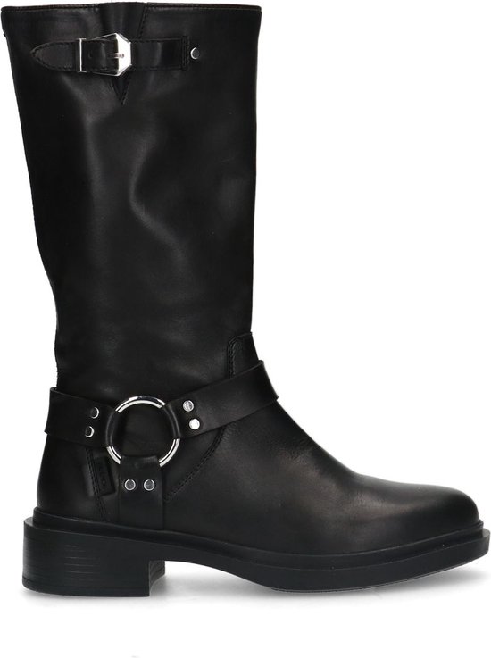 Manfield - Dames - Zwarte leren hoge laarzen met zilverkleurige gesp