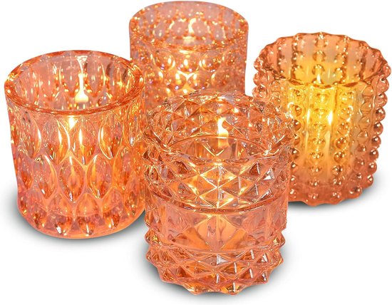 Glazen theelichthouderset inclusief theelichtjes, elegante theelichthouder met decoraties, lantaarnkaarspot cadeauversiering voor bruiloft, verjaardag, kerst (rood, set van 2, set van 4)