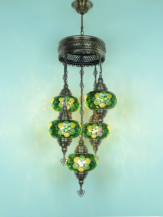 5 globe bollen Turkse hanglamp Oosterse kroonluchter groen mozaïek glas
