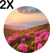BWK Flexibele Ronde Placemat - Roze Bloemen op een Berg bij Zonsondergang - Set van 2 Placemats - 50x50 cm - PVC Doek - Afneembaar